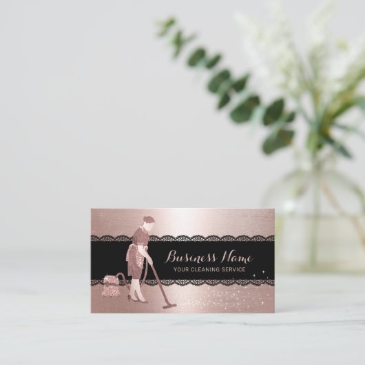 Zuhause Cleaning Modern Rose Gold Black Lacke Haus Visitenkarte (Stehend Vorderseite)