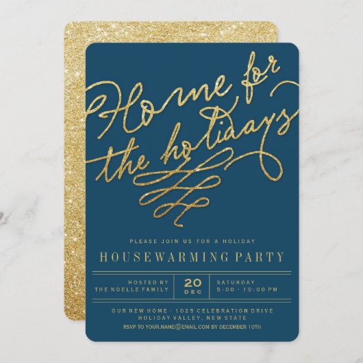 Zuhause für das Holidays Gold Glitzer Party Einlad Einladung (Vorne/Hinten)