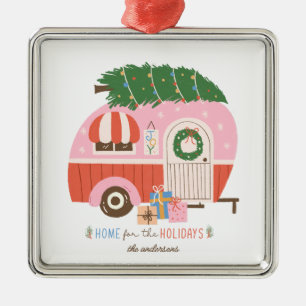 Zuhause für die Weihnachtsfeiertage Pink Camper Ornament Aus Metall