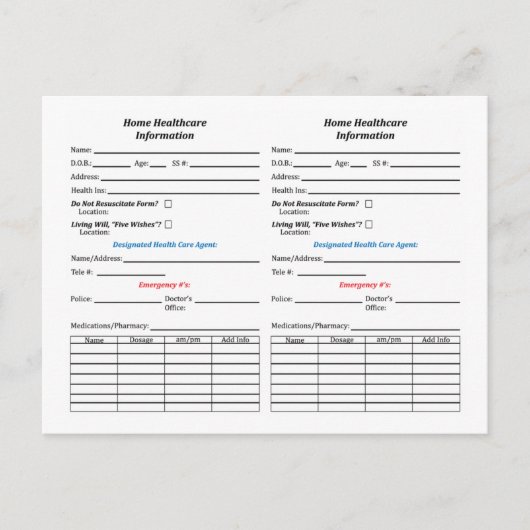 Zuhause Healthcare ID Info Cards Postkarte (Vorderseite)