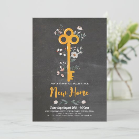 Zuhause House Key Florals Chalk Einladung (Stehend Vorderseite)