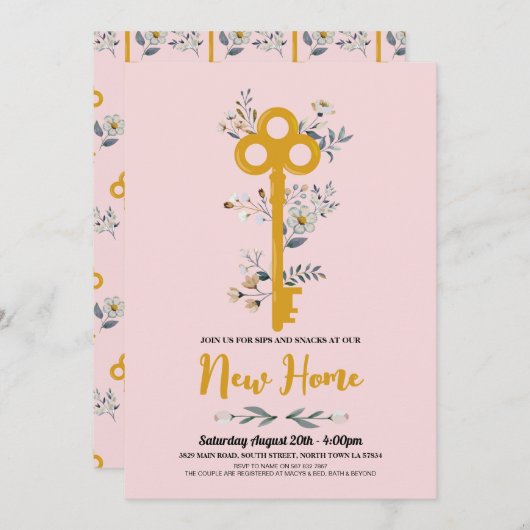 Zuhause House Key Florals Pink Einladung (Vorne/Hinten)
