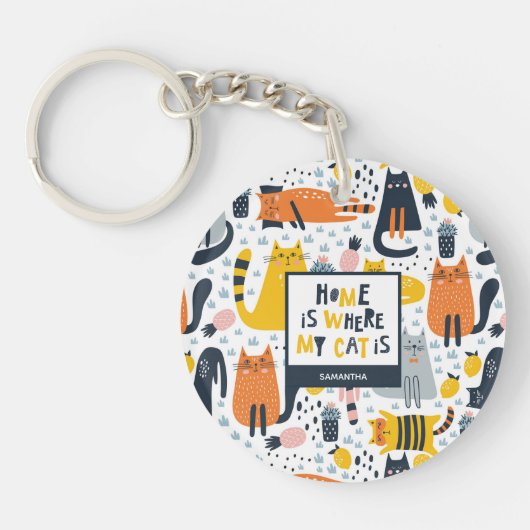 Zuhause ist der Mit Monogramm Name meiner Katze Schlüsselanhänger (Vorderseite)