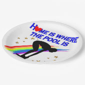 ZUHAUSE IST DER POOL FÜR DIESEN SCHWIMMER PAPPTELLER (Schrägansicht)