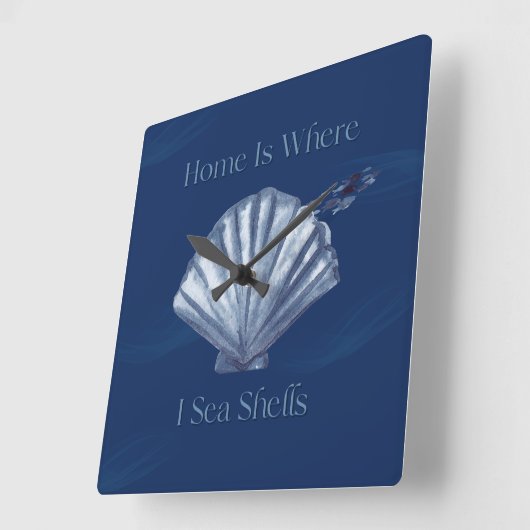 Zuhause ist, wo ich Muscheln, Küsten-Theme Indigo Quadratische Wanduhr (Winkel)