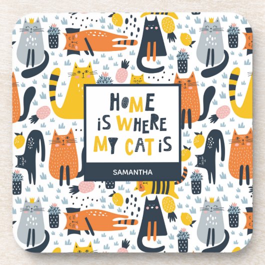 Zuhause ist, wo meine Katze Mit Monogramm ist Name Getränkeuntersetzer (Vorderseite)