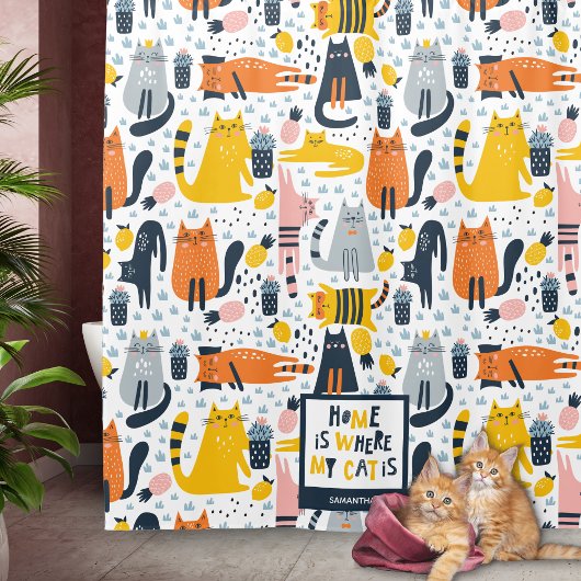 Zuhause ist, wo meine Katze Mit Monogramm Name Bad Duschvorhang