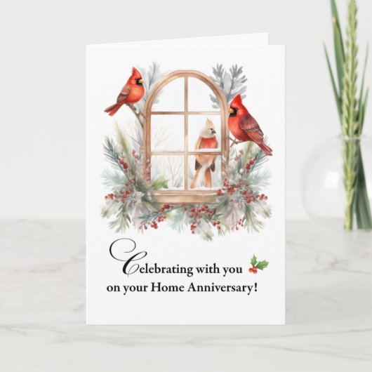 Zuhause Jubiläumsvögel im Winterfenster des Kardin Karte (Vorderseite)