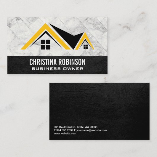 Zuhause Logo | Fliesen aus weißem Marmor | Leder Visitenkarte (Vorne/Hinten)