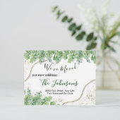 Zuhause Moving Announcement Gold Greenery Eukalypt Postkarte (Stehend Vorderseite)