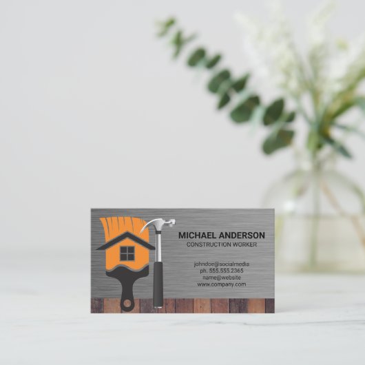 Zuhause Paint Brush | Hammer | Bau Visitenkarte (Stehend Vorderseite)