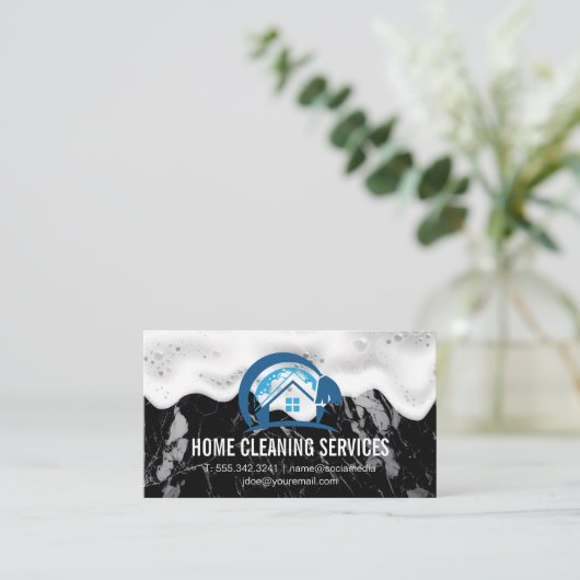 Zuhause-Reinigungs-Logo | Soap Suds | Schwarzer Ma Visitenkarte (Stehend Vorderseite)