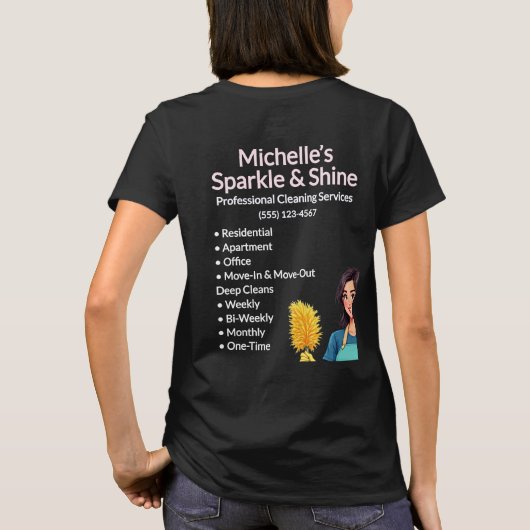 Zuhause-Reinigungsservice Moderne Frau Schwarz T-Shirt (Rückseite)