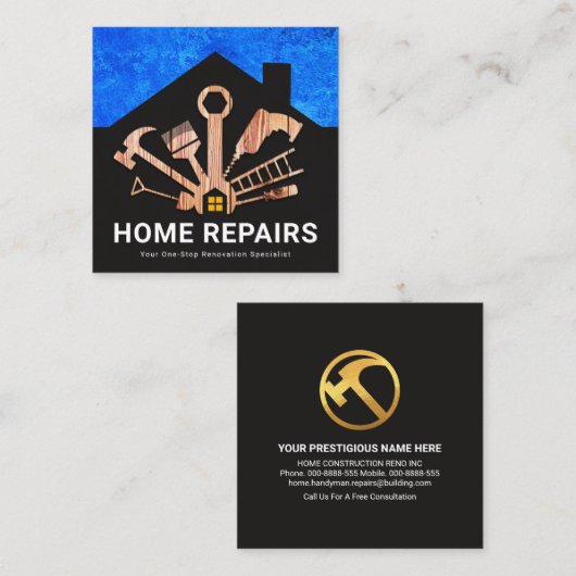 Zuhause Reparaturwerkzeuge Holz Gebäude Silhouette Quadratische Visitenkarte (Vorne/Hinten)