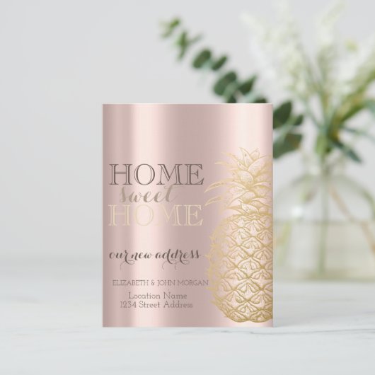 Zuhause Sweet Zuhause, Ananas, Rose Gold neue Adre Ankündigungspostkarte (Stehend Vorderseite)