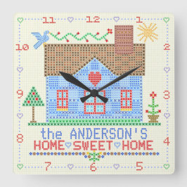 Zuhause Sweet Zuhause Cross Stitch House | Familie Quadratische Wanduhr