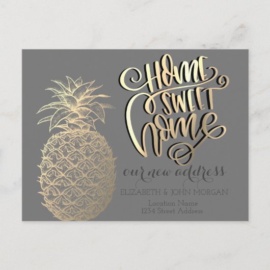 Zuhause Sweet Zuhause, Gold Ananas Tropical Gray Ankündigungspostkarte (Vorderseite)