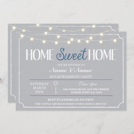 Zuhause Sweet Zuhause Housewarming Grau White Key  Einladung (Vorne/Hinten)