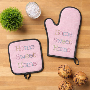 Zuhause Sweet Zuhause Imitate Stitching on Pink Ofenhandschuh & Topflappen-Set
