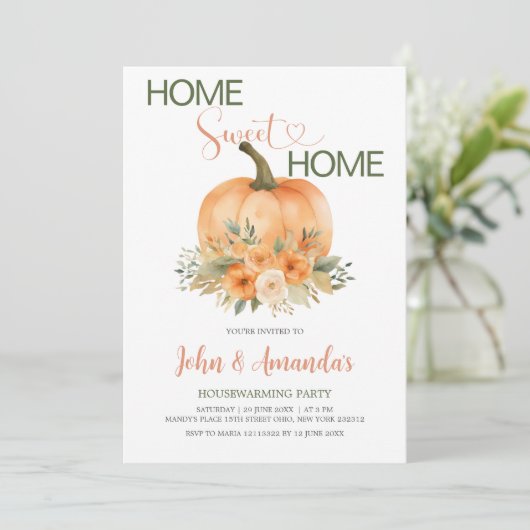 Zuhause Sweet Zuhause Rustic Pumpkin Housewarming Einladung (Stehend Vorderseite)