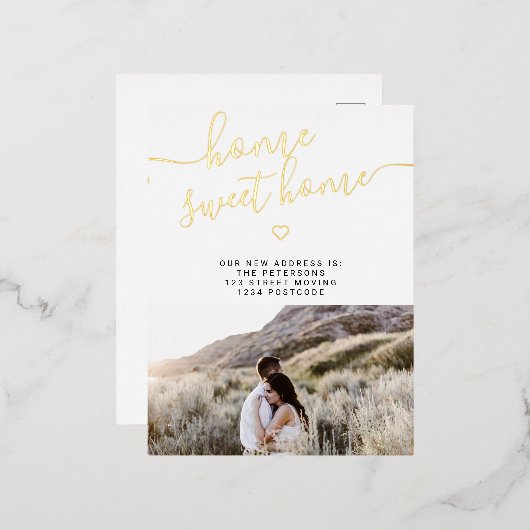 Zuhause Sweet-Zuhause-Skript, moderne Foto-Bewegun Folie Einladungspostkarte (Vorderseite/Rückseite)