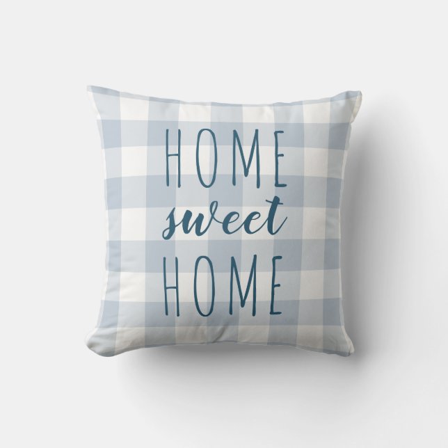 Zuhause Sweet Zuhause Slate Blue und White Gingham Kissen (Vorderseite)