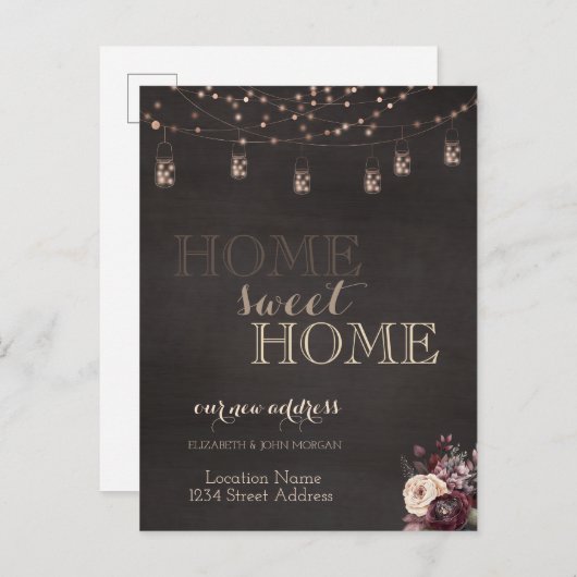 Zuhause Sweet Zuhause,String Lights,Mason Jar,Rose Ankündigungspostkarte (Vorne/Hinten)