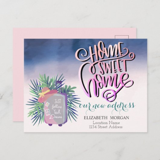 Zuhause Sweet Zuhause, Suitcase Palm Leaf neue Adr Ankündigungspostkarte (Vorne/Hinten)