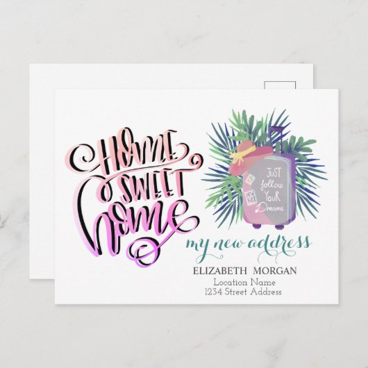 Zuhause Sweet Zuhause, Suitcase Palm Verlasse neue Ankündigungspostkarte (Vorne/Hinten)