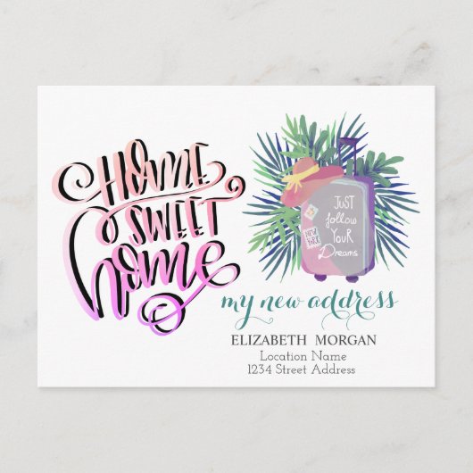 Zuhause Sweet Zuhause, Suitcase Palm Verlasse neue Ankündigungspostkarte (Vorderseite)