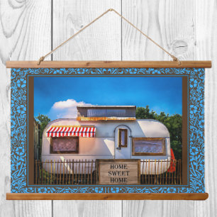 Zuhause Sweet Zuhause Vintag Camper Trailer Wandde Wandteppich Mit Holzrahmen