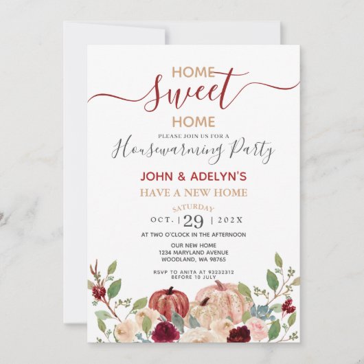 Zuhause Sweet Zuhause White Pumpkin Floral Burgund Einladung (Vorderseite)