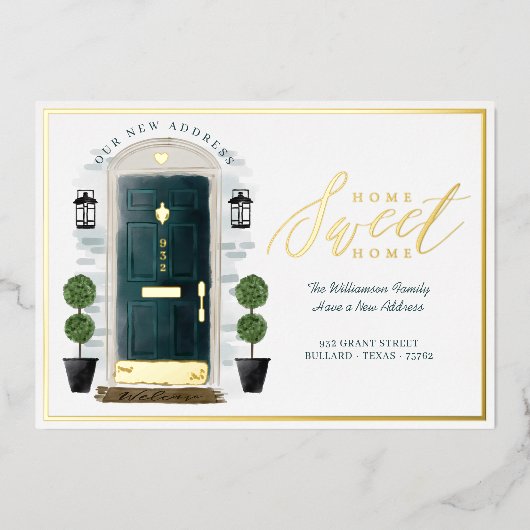 Zuhause Sweet Zuhause Wir haben die grüne Aquarell Folieneinladung (Vorderseite)