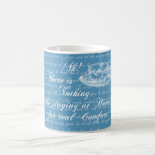 Zuhause-Text-blaue und weiße Tasse Janes Austen (Mittel)