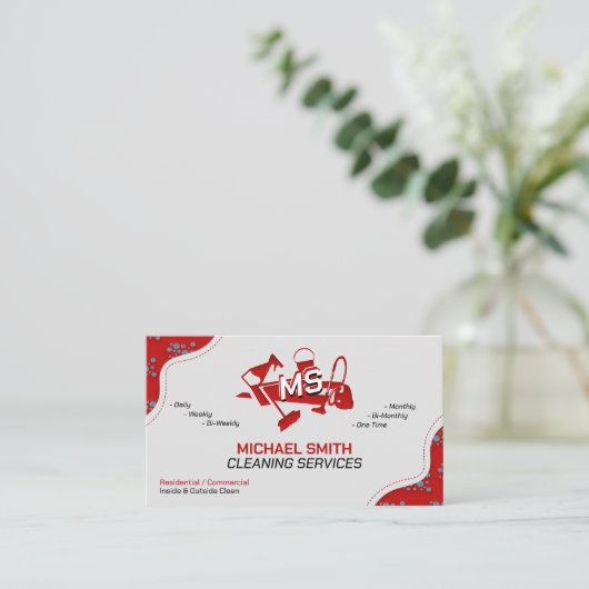 Zuhause- und Büroreinigung Rote Logos Monogramm Visitenkarte (Stehend Vorderseite)