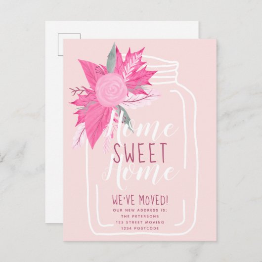 Zuhause Zuhause Rosa Blumenjammer in Bewegung Ankündigungspostkarte (Vorne/Hinten)