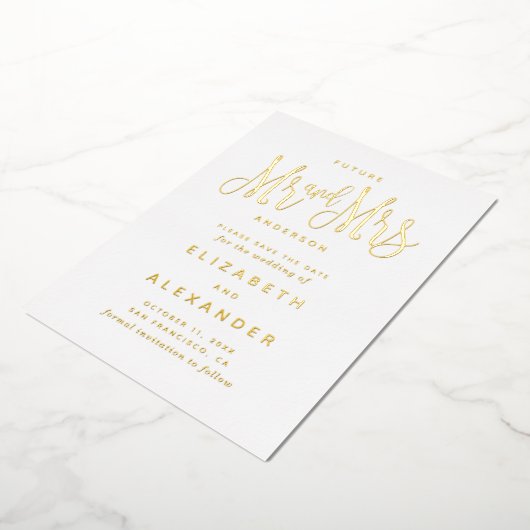 Zukunft Herr und Herr. Elegantes Gold Save the Dat Folieneinladung (Gedreht)