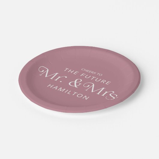 Zukunft Mr. & Mrs. Engagement Party Dusty Pink Pappteller (Schrägansicht)