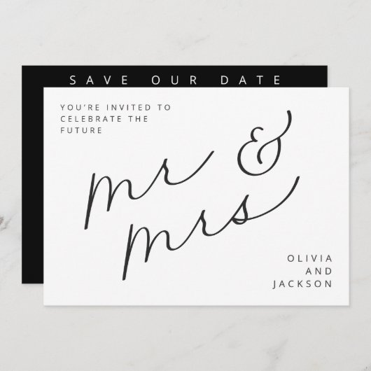 Zukunft Mr. & Mrs. Script Foto B/W Save the Date (Vorne/Hinten)