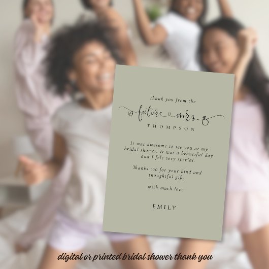 Zukünftige Frau Brautparty Light Sage Vielen Dank Karte