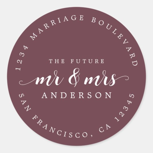 Zukünftige Frau Script Burgundy Rücksendeadresse Runder Aufkleber (Vorderseite)