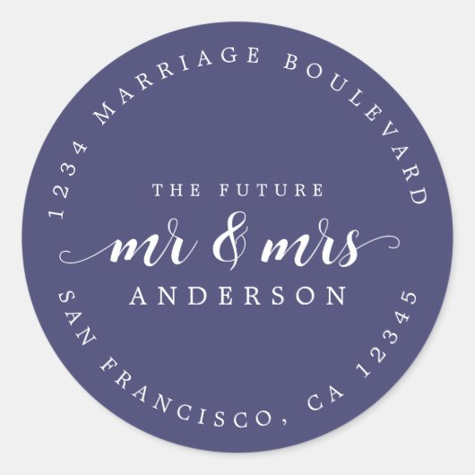 Zukünftige Frau Script Navy Blue Rücksendeadresse Runder Aufkleber (Vorderseite)