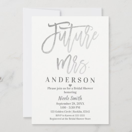 Zukünftige Frau Silver Modern Script Brautparty Einladung (Vorderseite)