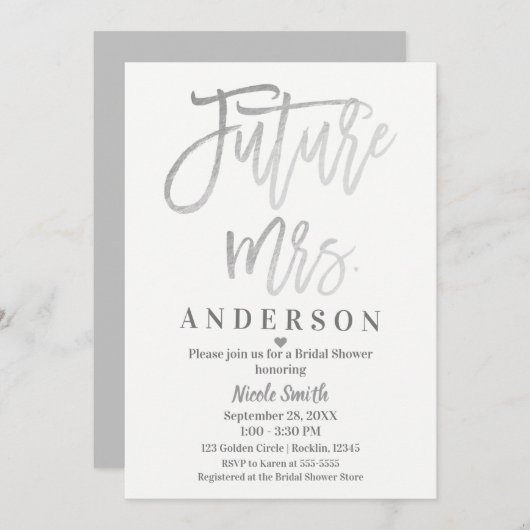 Zukünftige Frau Silver Modern Script Brautparty Einladung (Vorne/Hinten)