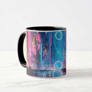 Zukünftige lebendige Neon-Nacht-Stadtlandschaft Tasse