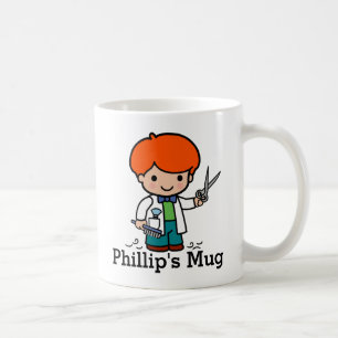 Zukünftiger Friseur / Friseur Junge mit Schere Kaffeetasse