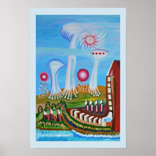 Zukunftslandschaft mit Ufos Poster (Vorne)