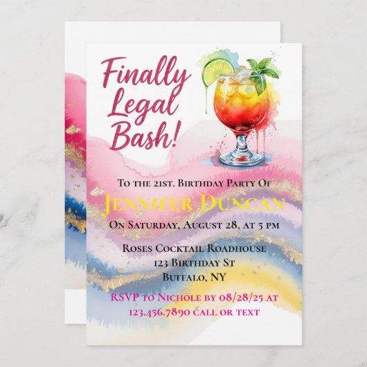 Zuletzt Recht 21. Birthday Bash für ein Mädchen Einladung (Vorne/Hinten)