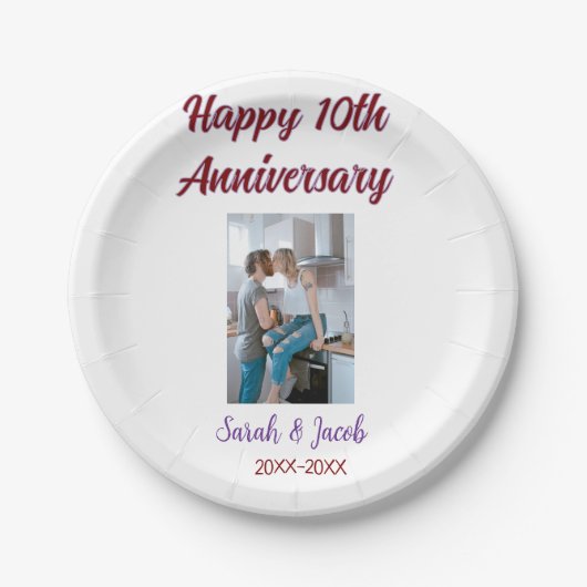 Zum 10. Jubiläum Foto Hochzeitspaar Name d Pappteller (Vorderseite)