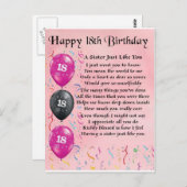 Zum 18. Geburtstag - Schwester Gedicht Postkarte (Vorne/Hinten)